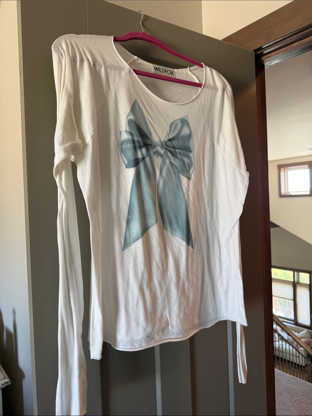 Wildfox White Long Sleeve Tee with Blue Bow Print